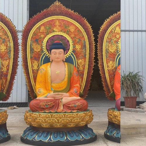 雕塑寺院三宝佛像 木雕五方佛像带背光彩绘