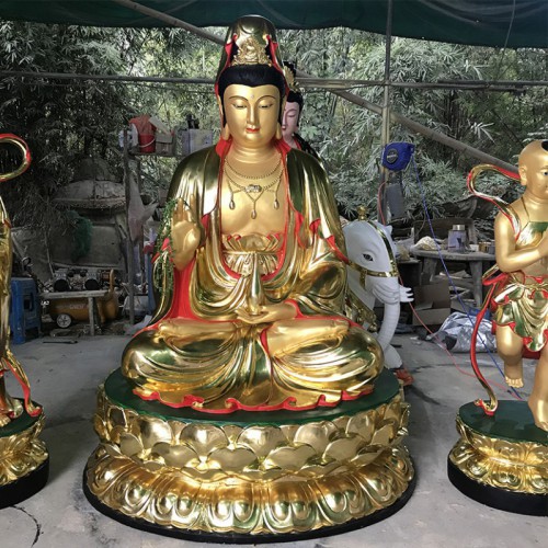 观世音菩萨铜佛像 善财龙女铜像摆件