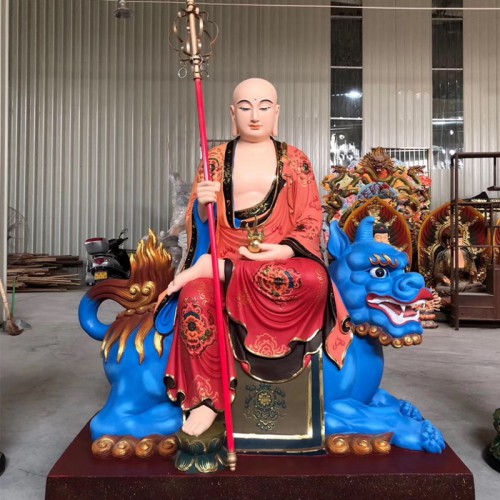 铜雕坐谛听地藏王菩萨佛像 1.7米彩绘贴金地藏王两弟子佛像