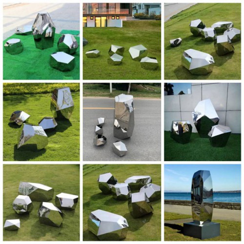 不锈钢几何镜面石头雕塑摆件 户外园林绿地景观草坪落地摆件