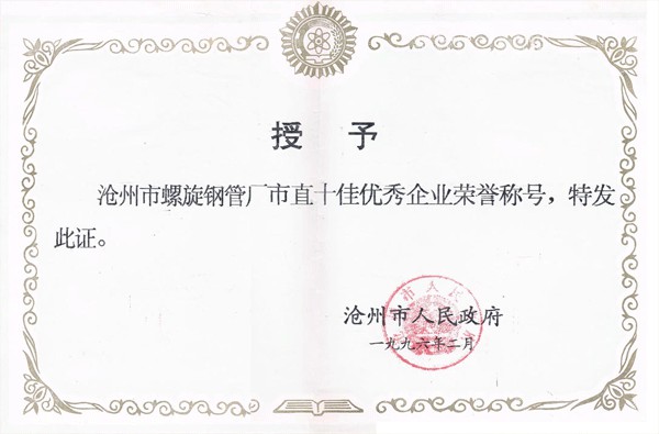 1995年沧州市十佳优秀企业