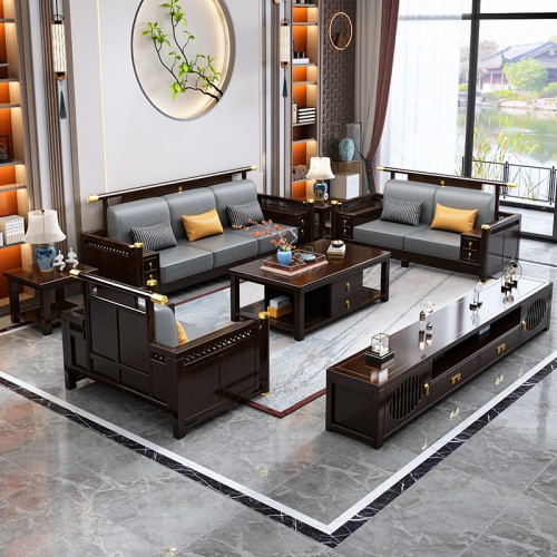 实木沙发 新中式实木沙发组合 现代轻奢简约布艺沙发