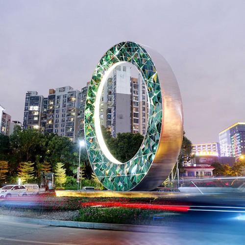 不锈钢月亮雕塑定制圆环抽象异形户外钢结构大型雕塑景观花园定制